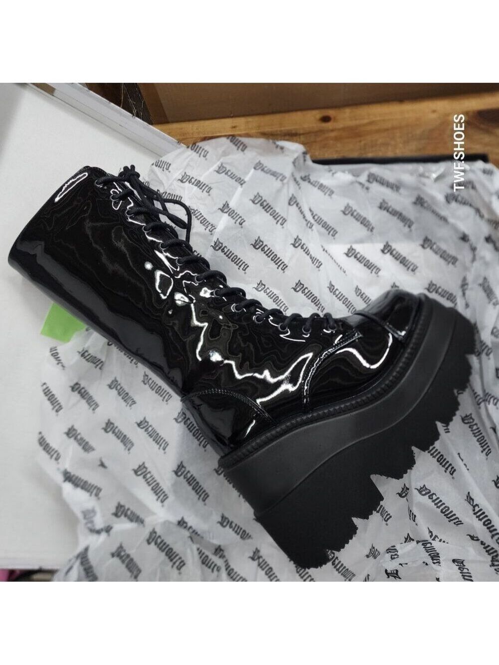 Size 6 NEW  Shaker 72 Black Patent 4.5" Wedge Platform Mid Calf Goth Pu…